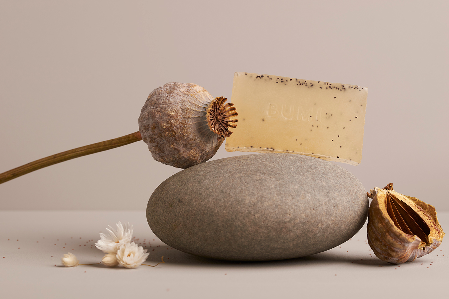 Soap on a taupe background placed on a rock with ingredients around it.