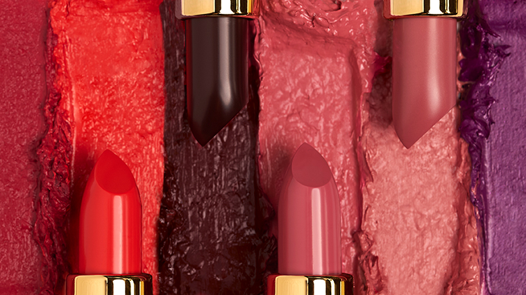 The background are swatches of lipsticks with the same colour placed above it in its original form.