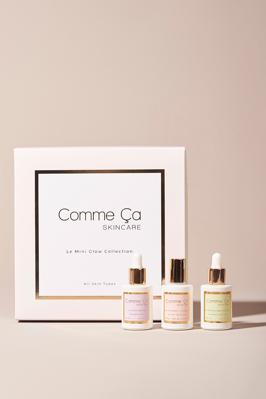 A packshot on a Taupe background of Skincare products from Comme Ca.
