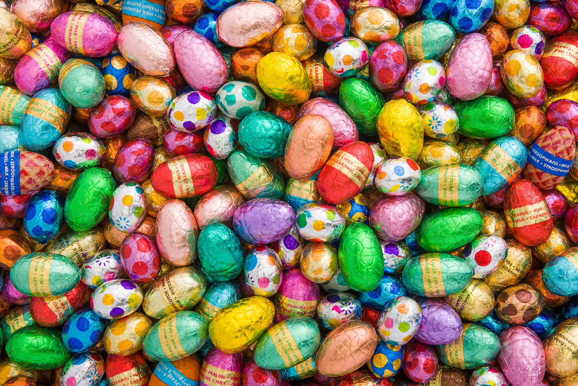 A photo full of chocolate Easter eggs.